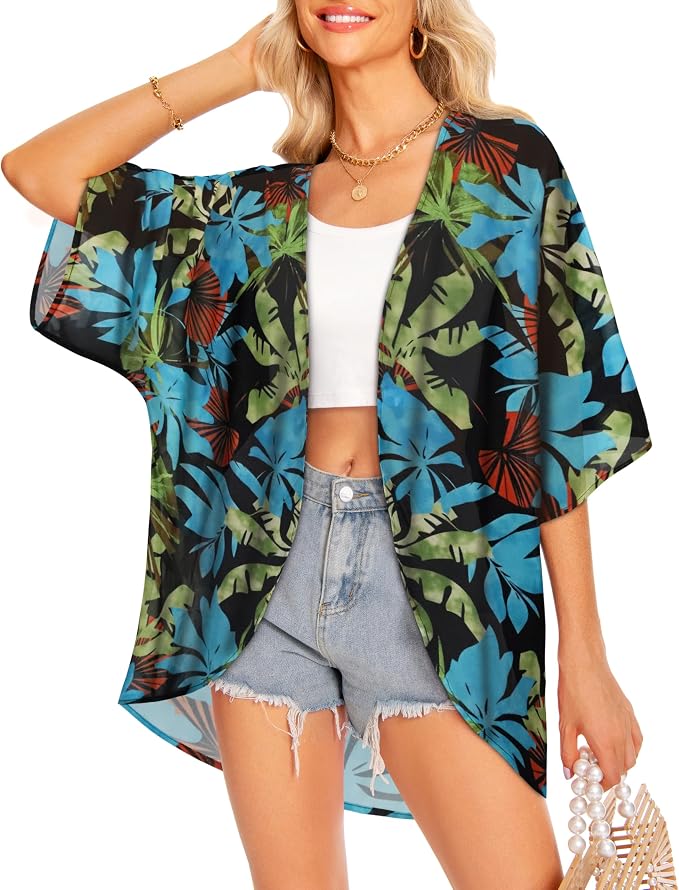 Women Kimono Cardigans Summer Cover Up Hawaiian Shirts Floral Print Tops | ROSEMIA chiffon kimono open front cardigans, beach cover ups, daily casual tops, cruise outfits, summer resort wear