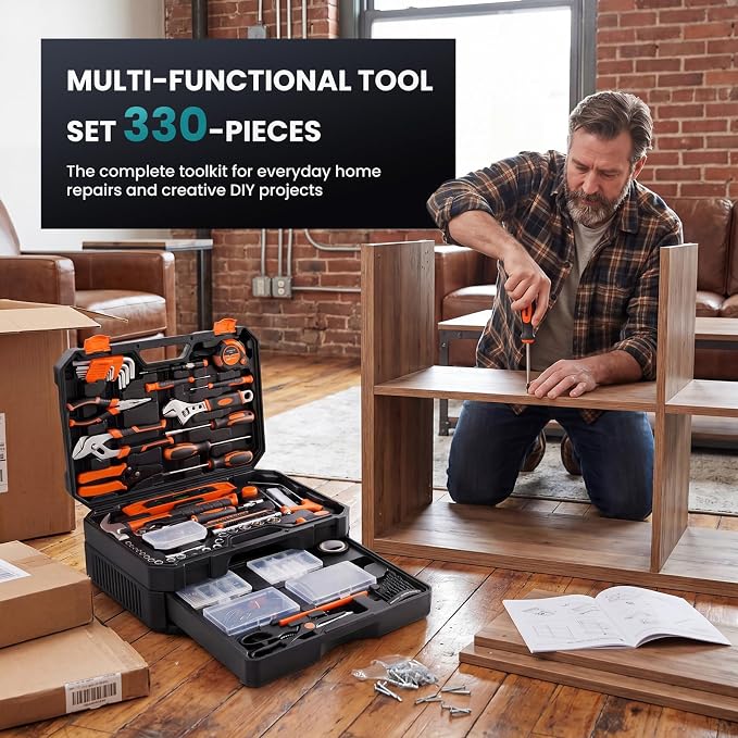 OLIXIS 330 Piece Home Repair Tool Kit with Pull-Out Drawer, Carbon & Cr-V Steel Tool Box, Complete Homeowners Repair Kit for DIY & Auto Maintenance for Home, Black-Yellow