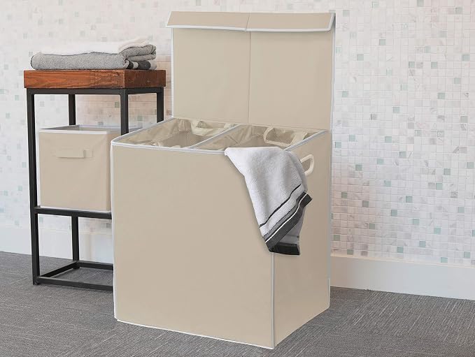 Simple Houseware Double Laundry Hamper with Lid & Removable Bags, Beige