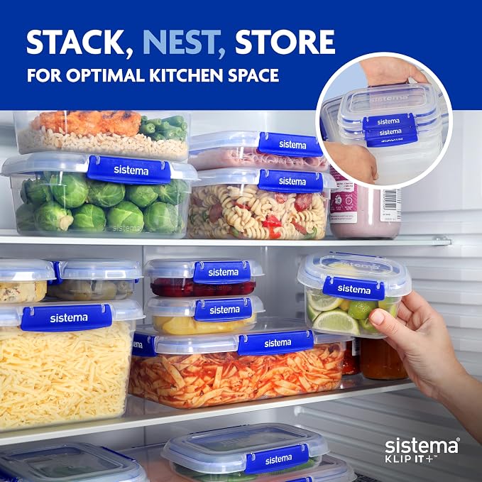 Sistema KLIP IT+ 3.35L Rectangle Food Storage Containers (3-Pack), Stackable & Airtight Food Boxes with Lids, Dishwasher, Freezer, & Microwave-Safe, BPA-Free, School Lunch Boxes