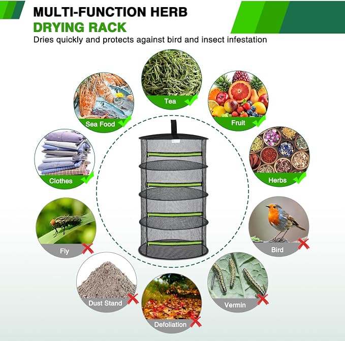 Yesker 4 Layer Herb Drying Rack Hanging Mesh Net Foldable Plant Drying Racks 24" w Green Zipper Pruning Shears Hook Dryer Hanging Rack for Herbs Seed Bud Fruit Clothes Grow Tent Closets Garden Outdoor