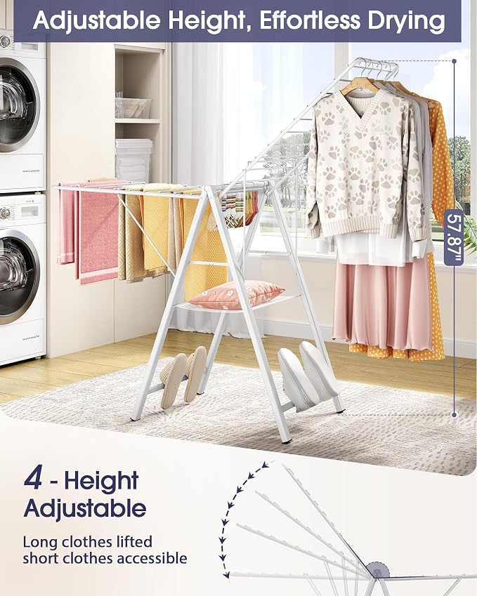 APEXCHASER Clothes Drying Rack, 67.7" L Height Adjustable, Foldable, White | 1.5"Folded, No Assembly, Space-Saving, Spacious Design, Adjustable Wings, Clips, Mesh Shelf, Shoe Rack, Indoor & Outdoor Use