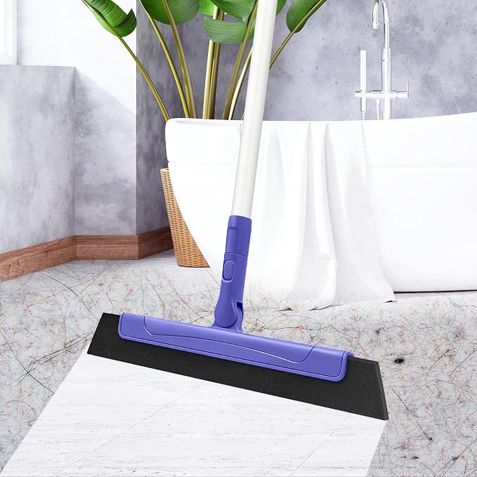 Floor Squeegee with 180° Rotating Head, EVA Foam Blade Squeegee for Floor with Adjustable Aluminum Long Handle, Squeegee Broom for Window Shower Bathroom Garage Tile Pet Hair Cleaning