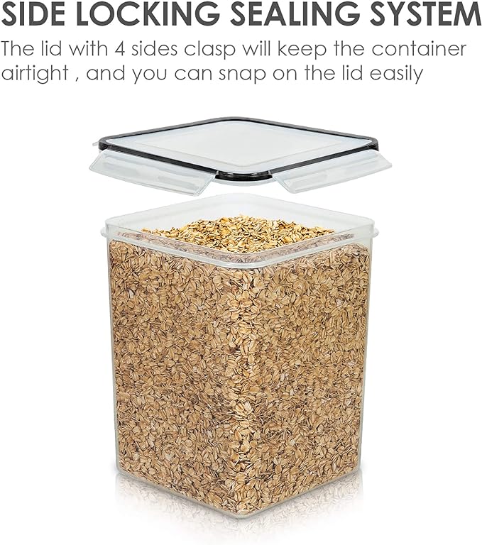 Vtopmart 4 PCS Large Food Storage Containers 5.2L / 175oz, 4 Pieces BPA Free Plastic Airtight Canisters for Flour, Sugar, Baking Supplies, Rice with Lids, 4 Measuring Cups and 24 Labels, Black