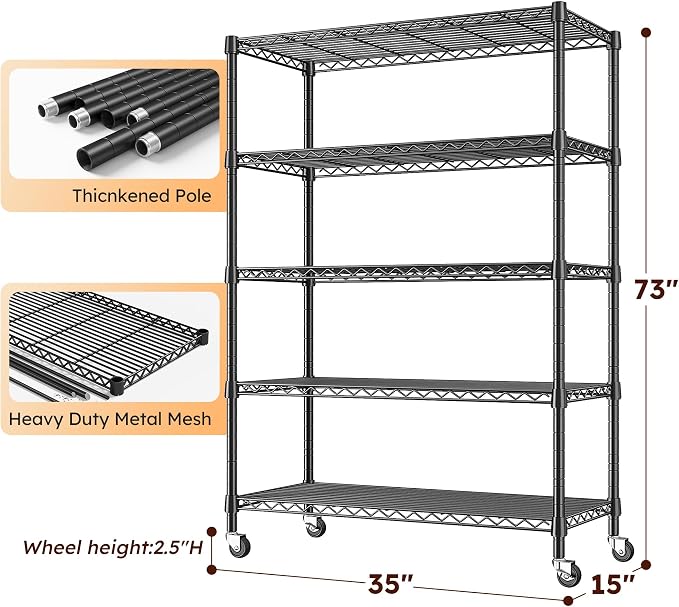 REIBII 73''H Storage Shelves 1660LBS Wire Shelving Unit with Wheels 5 Tier Metal Shelving,Heavy Duty Metal Shelves for Storage Rack,Commercial Industrial for Garage Kitchen 73''HX35''WX15''D,Black