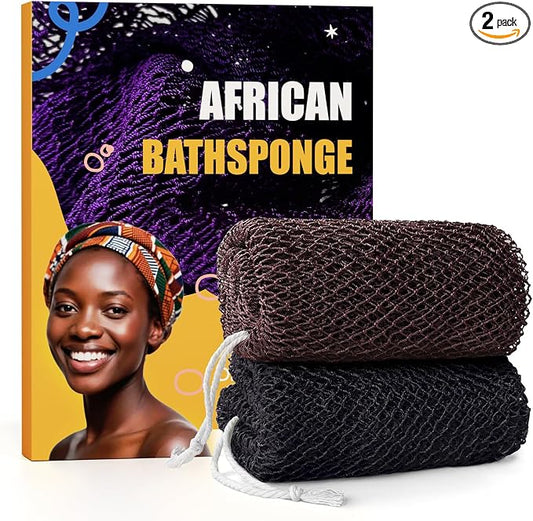 2 Pieces African Net Sponge Authentic, Durable Back Scrubber Washcloth for Shower, Exfoliating Net Sponge for All Skin, Bathing Accessories for Women (2 Pack (Black and Brown))