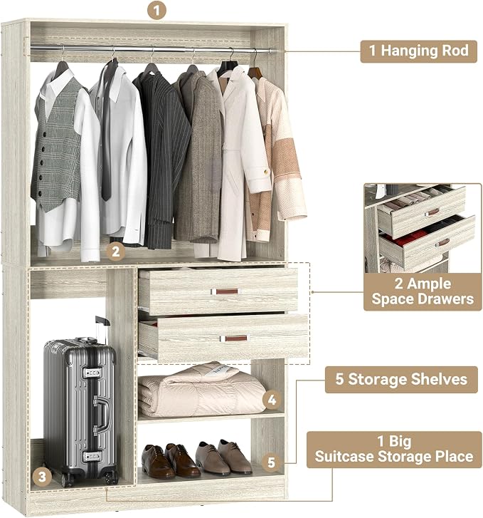 Armocity Freestanding Closet System with Suitcase Storage, 40 Inches Stand-Alone Wardrobe with 2 Wood Drawers, 80'' Height Adjustable Cloth Garment Rack, Walk-in Closet with Hanging Rod, White Oak