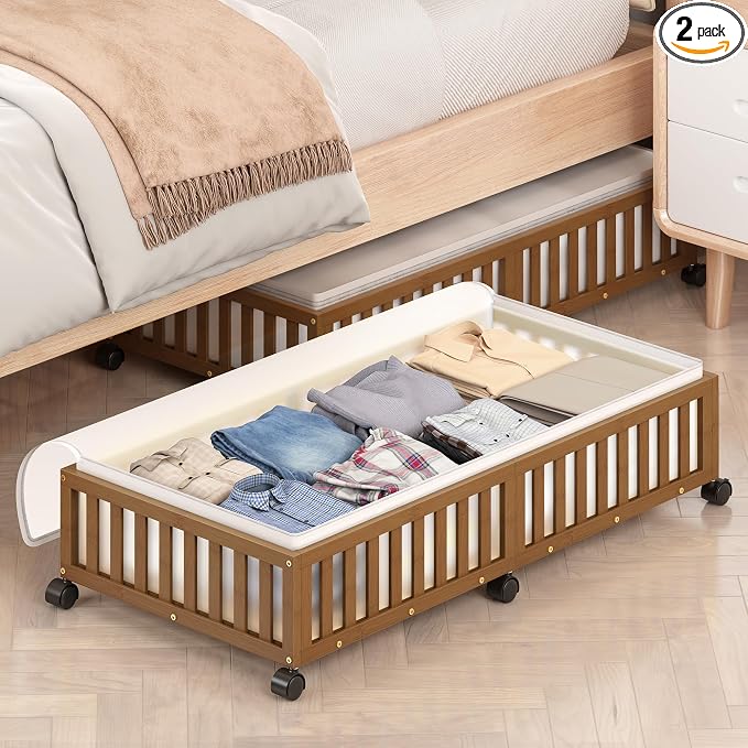 2 Pack Large Bamboo Under Bed Storage Containers with Wheels, Brown | Underbed Drawer Storage with Bag, Wood Rolling Underbed Organizer for Shoes, Sheets Clothes Blanket Comforter, Under Crib Toy