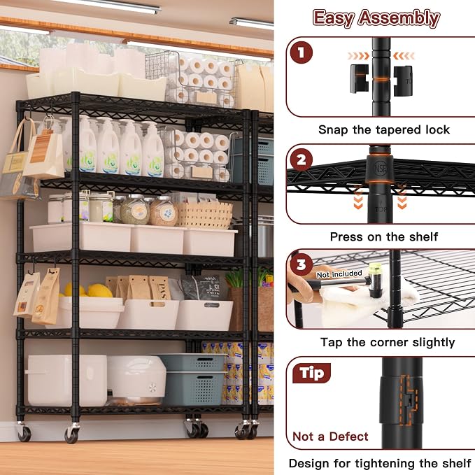 PrimeZone 4 Packs 36" W x 16" D x 79" H Wire Storage Shelves with Wheels, 5 Tier NSF Certified Heavy Duty Adjustable Kitchen Shelving Unit, Pantry Organizer Rack Rolling Metal Shelf for Garage Closet