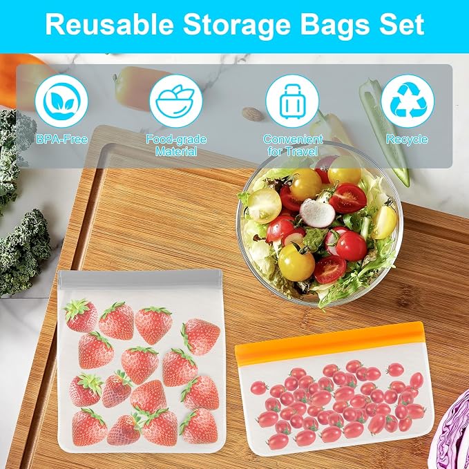17 Pack Reusable Freezer Bags Dishwasher Safe, Leakproof Food Storage Bags, Silicone Bags for Food Storage Home Organization (6 Reusable Snack Bags 6 Sandwich Bags 5 Gallon Freezer Bags)