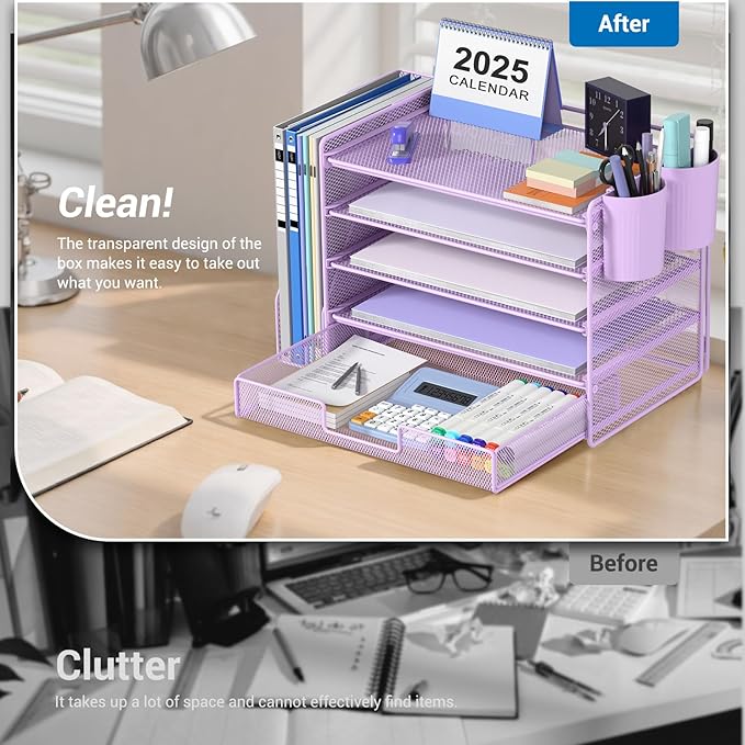 OPNICE Desk Organizer, 5-Tier Desktop File Organizer with Drawer and Pen Holders, Office Desk Accessories, File Sorters, Workspace Organizers for Office Supplies(Purple)
