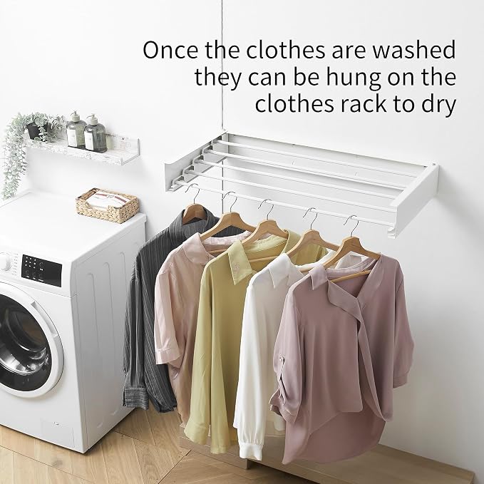 RFOUO Wall Mounted Clothes Drying Rack,White 31.5" | Foldable,Space saver Drying Rack for Laundry Balcony Bathroom, 5 Aluminum Rods, 60 lb Capacity