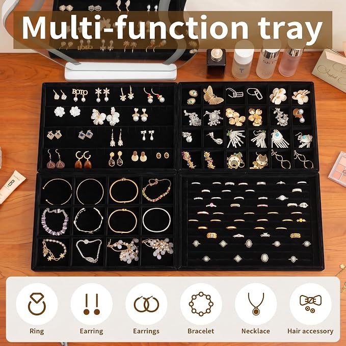 Frebeauty Jewelry Trays for Drawer,Set of 2 Jewelry Organizer and Storage | Velvet Material,Stackable,Adjustable Dividers,Drawer Inserts for Rings Studs Bracelet,Earring Organizer for Women Girls
