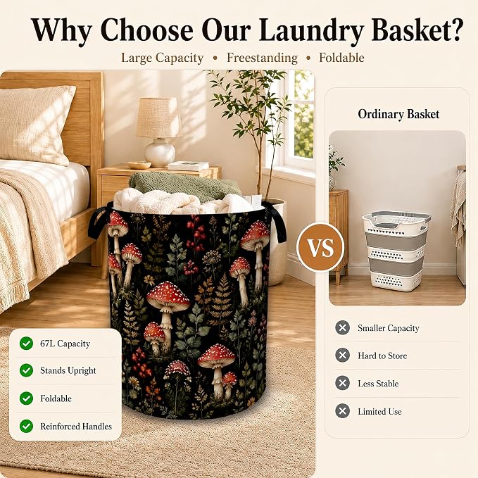 Woodland Mushroom Forest Large Clothes Hamper, Portable Collapsible Laundry Basket with Handles, Freestanding Storage Bin for Bedroom Bathroom Dorm Laundry Room