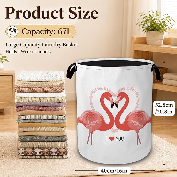 Pink Flamingo Heart Large Clothes Hamper, Portable Collapsible Laundry Basket with Handles, Freestanding Storage Bin for Bedroom Bathroom Dorm Laundry Room