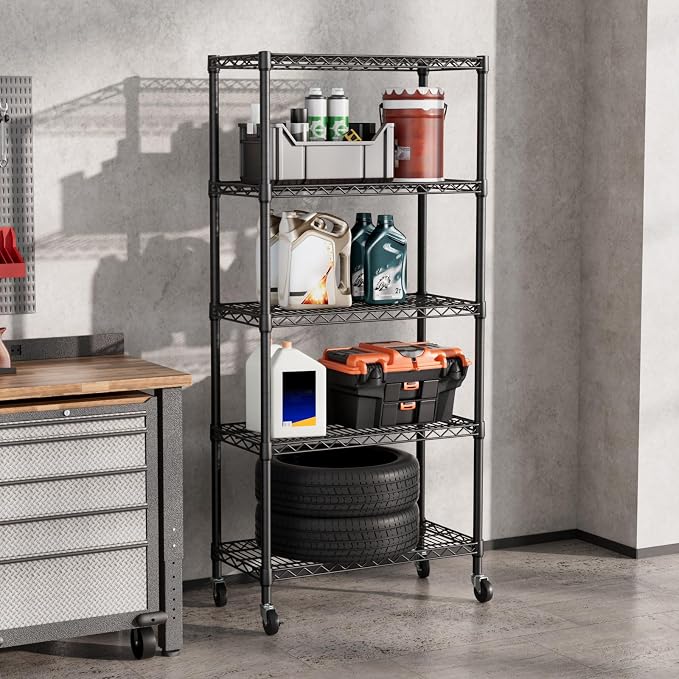SINGAYE 5 Shelves Storage Wire Shelf Closet Metal Shelving Pantry Wheels | Shelf Bathroom Organizers Metal Kitchen Garage Shelving Unit Laundry Room Organization Home Rack Net Basket with Wheels