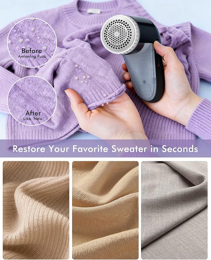 Ruidla Fabric Shaver Defuzzer, Electric Lint Remover, Rechargeable Sweater Shaver with Stainless Steel 3-Leaf Blades, Dual Protection, Removable Bin, Easy Remove Fuzz, Lint, Pills, Bobbles | Electric Sweater Shaver with Replaceable Stainless Steel 3-Le...