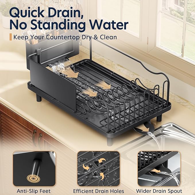 Stainless Steel Dish Drying Rack - Large Capacity Dish Rack for Kitchen Counter with Drain Board, Rustproof Dish Drainer with Drain Spout, Utensil Holder & Glass Holder, Dinnerware Organizer, Black