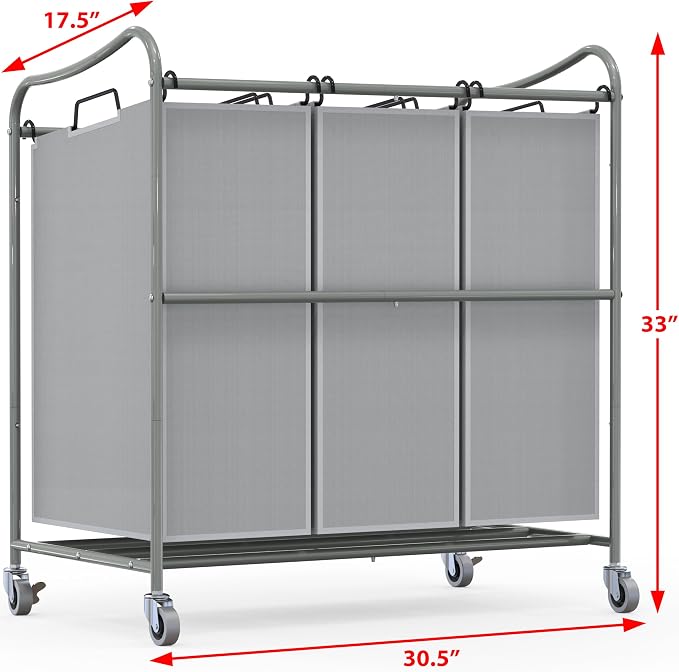 Simple Houseware Heavy Duty 3-Bag Laundry Sorter Rolling Cart, Silver | Removable Bags and Lockable Wheels for Laundry Room Organization