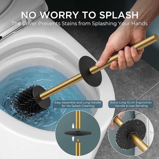 FORIOUS Tall Toilet Brush and Holder Set, Heavy Duty 304 Stainless Steel Base Square and Long Handle for Bathroom Deep Cleaning, Drip-Proof, Space Saving for Storage, 2 Toilet Bowl Brush Head, Gold