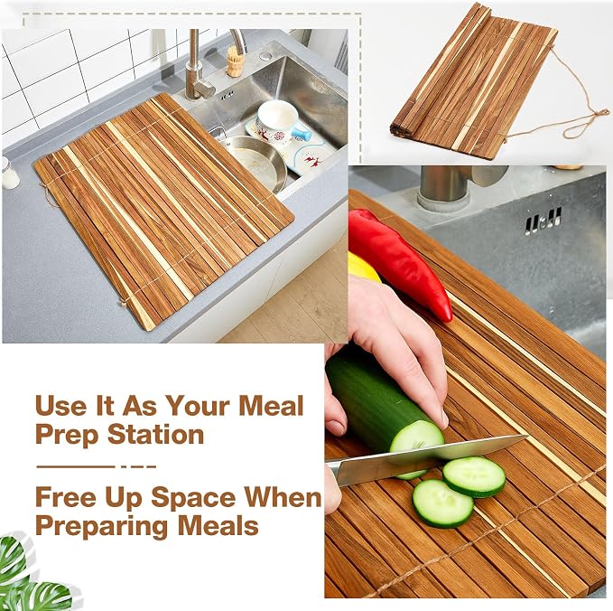 Maxdot Wooden Dish Drying Rack, 20.5 x 16 Inch Roll up Kitchen Over Sink Dish Drying Rack for Dishes, Plates, Bowls, Wooden Cover Counter Space, Crack Resistant Drainer, Kitchen Supplies