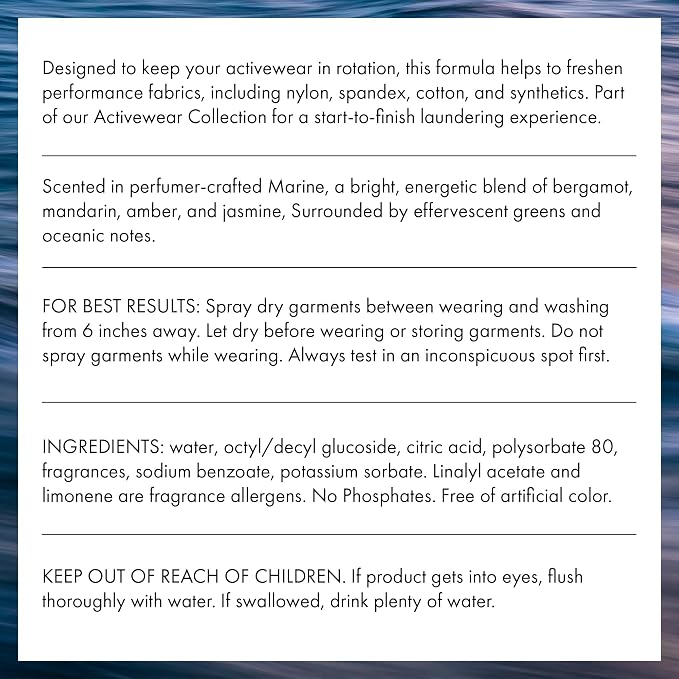 The Laundress Activewear Fabric Refresher Spray, Marine Fragrance, 8 oz | Odor Freshener for Performance Gear, Towels, Tote Bags, Sneakers & Yoga Mats, 48 Hours* of Bright, Energetic Fragrance