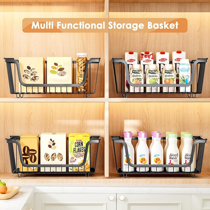 4 Pcs Stackable Wire Baskets for Pantry Organizers and Storage,Kitchen Storage Metal Baskets,Produce Potato Onion Storage Bin,Vegetable Fruit Basket for Countertop,Black