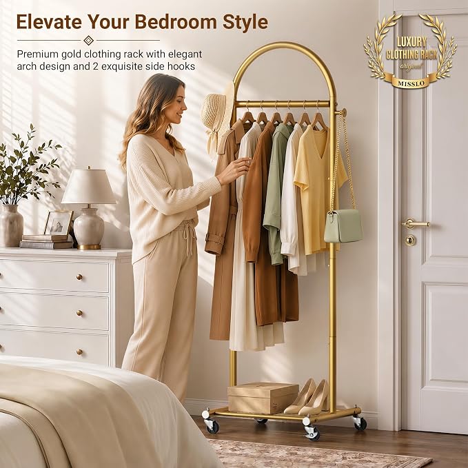 MISSLO 18" Small Clothes Racks for Hanging Clothes Arched Shape Gold Clothing Rack with Wheels 70" Metal Rolling Garment Rack with Shelves for Small Space, Bedroom, Laundry, Gold