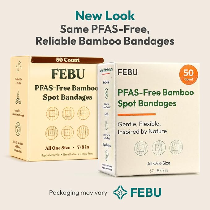 FEBU PFAS Free Bamboo Fabric Bandages, 50 Count Spot | Eco-Friendly, Flexible Fabric, Fully Compostable, Latex Free