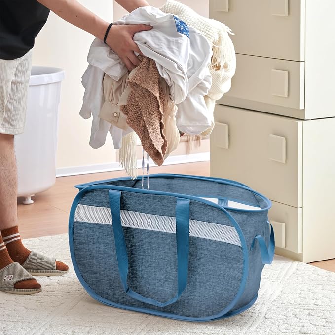 Collapsible Tear Proof Laundry Baskets with Dual Handles, Blue | 70L, Foldable, Pop up Hamper, Reinforced Durable Laundry Hamper for Home, Laundry, Bathroom, Dorm or Travel