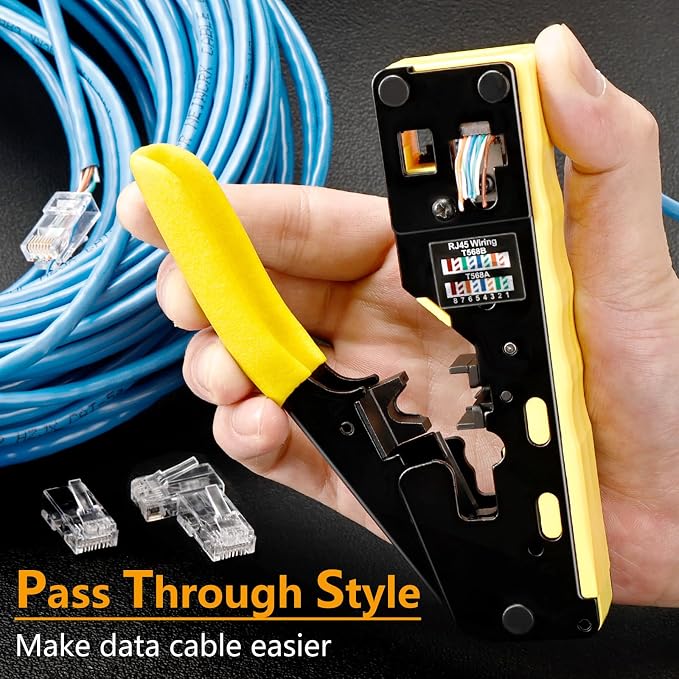 Solsop Pass Through RJ45 Crimp Tool Kit All-in-One Ethernet Crimper | Cat7 Cat6 Cat5 Crimping Tool with Network Cable Tester, 50-Pack Cat6 RJ45 Pass Through Connector, 50-Pack Connector Boots