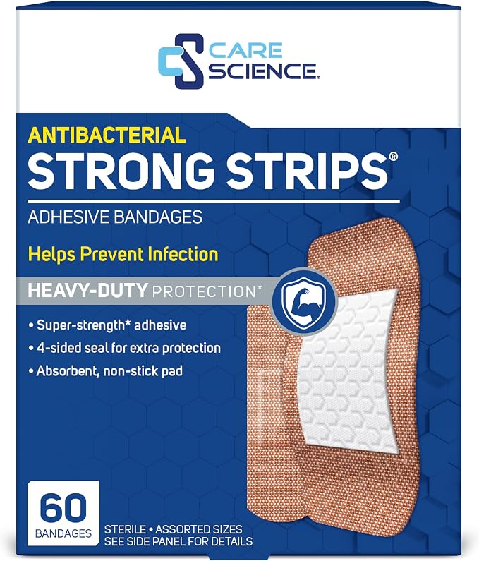 Care Science Heavy Fabric Adhesive Bandages, Assorted Sizes, 60 Count | Flexible + Breathable Protection for First Aid and Wound Care.