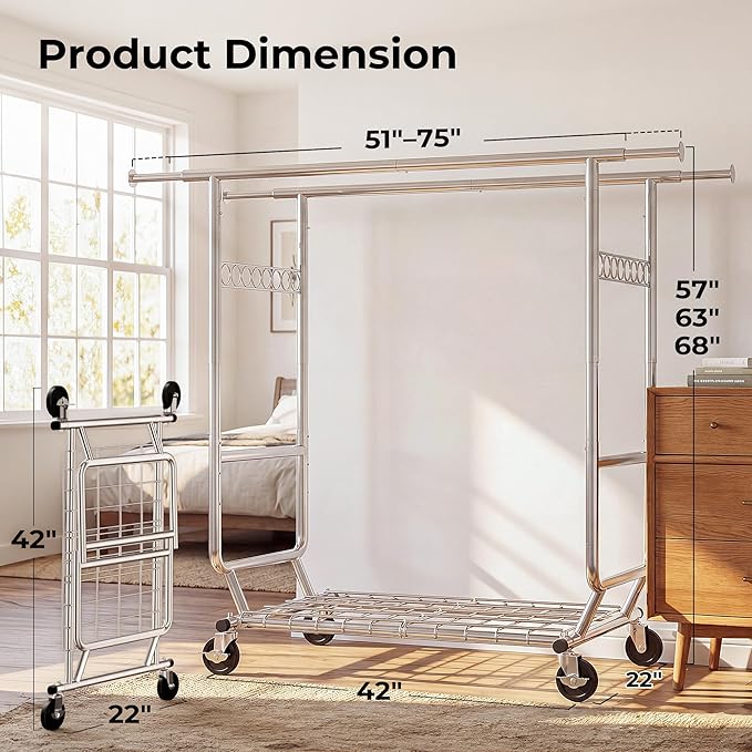 HOKEEPER Clothes Rack Heavy Duty Clothing Rack Load 650 LBS Collapsible Garment Rack with Wheels Double Rod Clothes Rack for Hanging Clothes Commercial Portable Closet Rack, 2 Packs 22" D*75" W*68" H