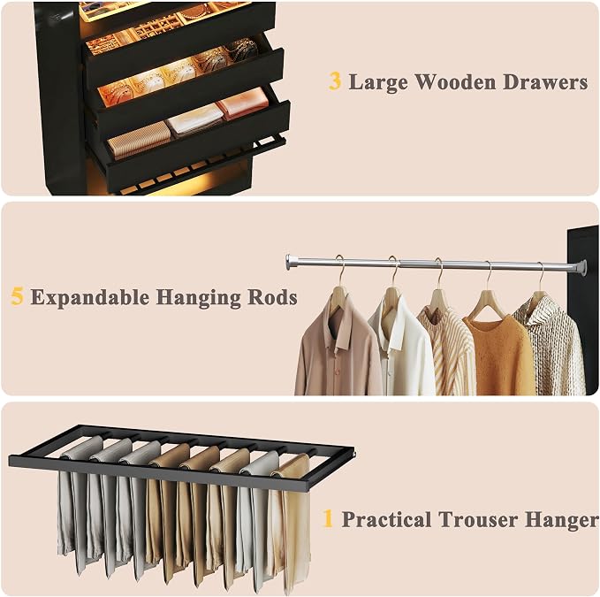 Closet System, 4-8FT Closet Organizer with 3 Wood Drawers & Glass Top, 102'' Walk in Closet with 5 Hang Rods & LED Lights & Trouser Rack, Built-in Wardrobe Clothes Rack with Shelves and Tower, Black