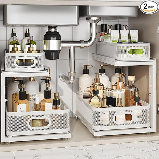 2 Pack Under Sink Organizer With Next-Gen Ball-Bearing Slides,2-Tier Precision Mesh Pull Out Cabinet Drawers Storage for Bathroom&Kitchen,Height Adjustable Shelf,Rust-resistant-Patent Pending