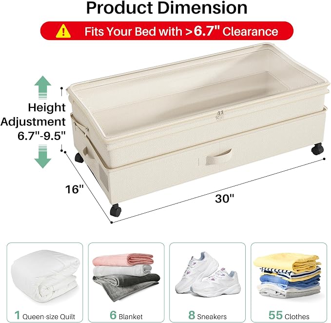 Kitstorack 4 Pack Height-adjustable Under Bed Storage with Wheels, Under Bed Storage Containers,Under Bed Shoe Storage Organizer with Clear Window&Label, Suitable for Clothes Storage, Beige