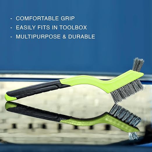 Wire Brush Set 3Pcs - Nylon/Brass/Stainless Steel Bristles with Curved Handle Grip for Rust, Dirt & Paint Scrubbing with Deep Cleaning – 7 Inches (Green)