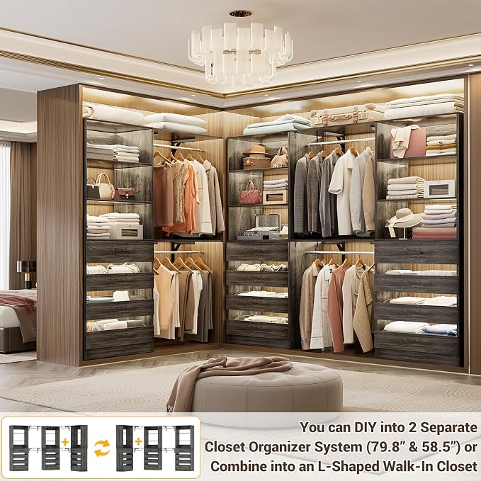 Aheaplus Closet System with 12 Drawers, 138.5" Wood Closet Organizer System with 4 Hanging Rods & Top Shelves, 6.7+4.85Ft L Shaped Corner Walk-in Closets Wardrobe Organizer Rack, Set of 3, Black Oak