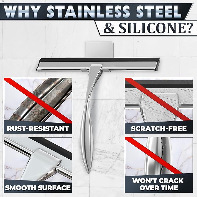 10" Silver Shower Door Squeegee - Stainless Steel Shower Squeegee for Streak-Free Bathroom Glass with Silicone Blade, Adhesive & Hanging Hooks for Mirror, Tile, Window, Car, Multi-Surface Everyday Use