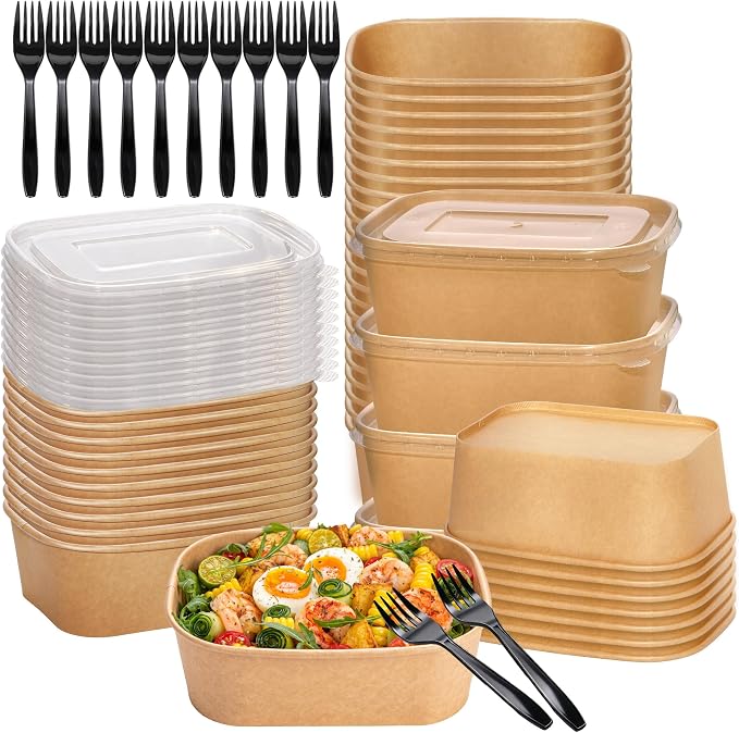 50 Pack 29oz Disposable Meal Prep Containers with Lids and Forks, Microwave and Freezer Safe Kraft Paper Bowls for Salad Noodles, Take Out Containers for Hot/Cold Food