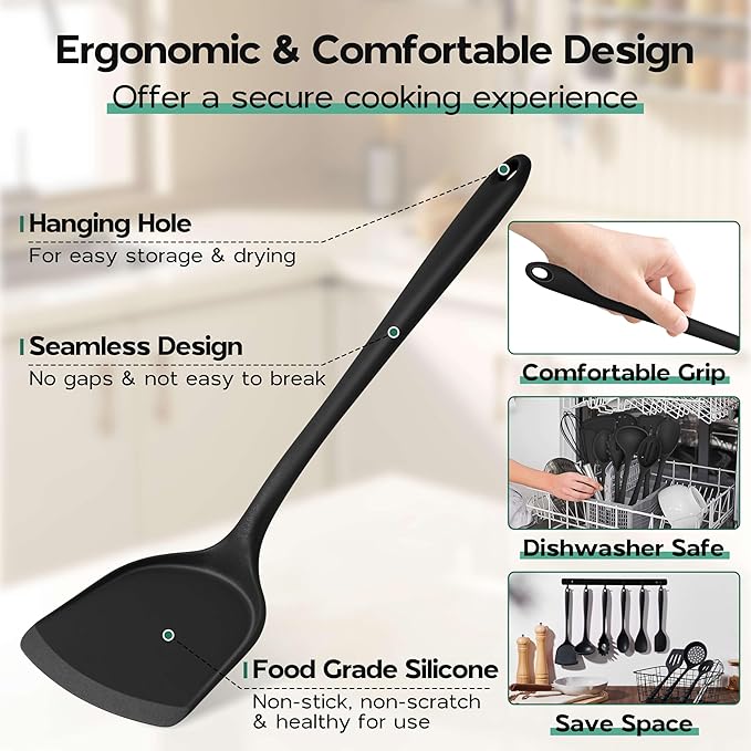 Onader Silicone Cooking Utensils Set, 10 Pieces Black Kitchen Utensils for Nonstick Cookware, Non Toxic & Dishwasher Safe