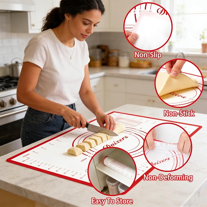 Silicone Baking Mats Set of 2,Extra Large 28" x 20" Small 16" x 12" Non Stick Non Skid Pastry-Mat with Measurements (Red)
