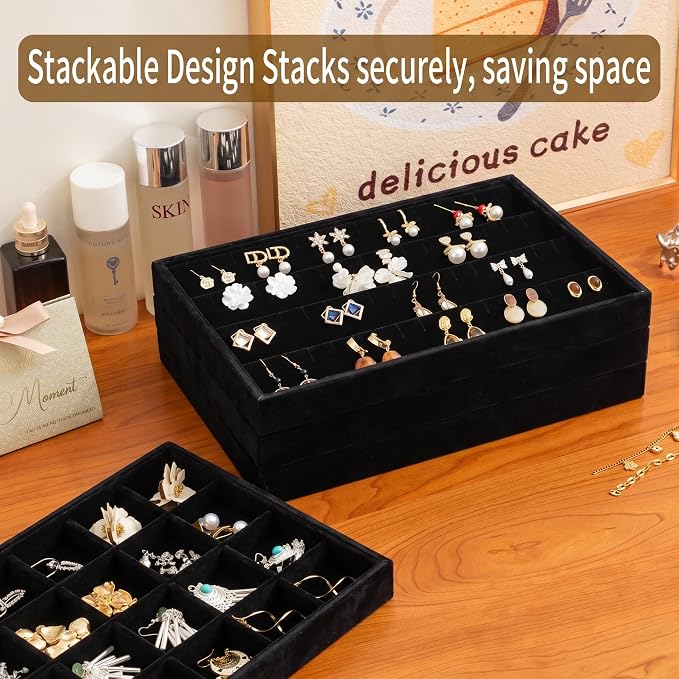 Frebeauty Jewelry Trays for Drawer,Set of 4 Jewelry Organizer and Storage | Velvet Material,Stackable,Adjustable Dividers,Drawer Inserts for Rings Studs Bracelet,Earring Organizer for Women Girls