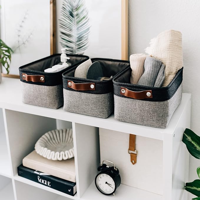 OrganiHaus Small Fabric Storage Baskets 6 Pack, 12x8in Cloth Storage Bins for Shelves, Small Baskets for Organizing Bathroom Pantry Closet, Canvas Shelf Baskets, Gray/Black