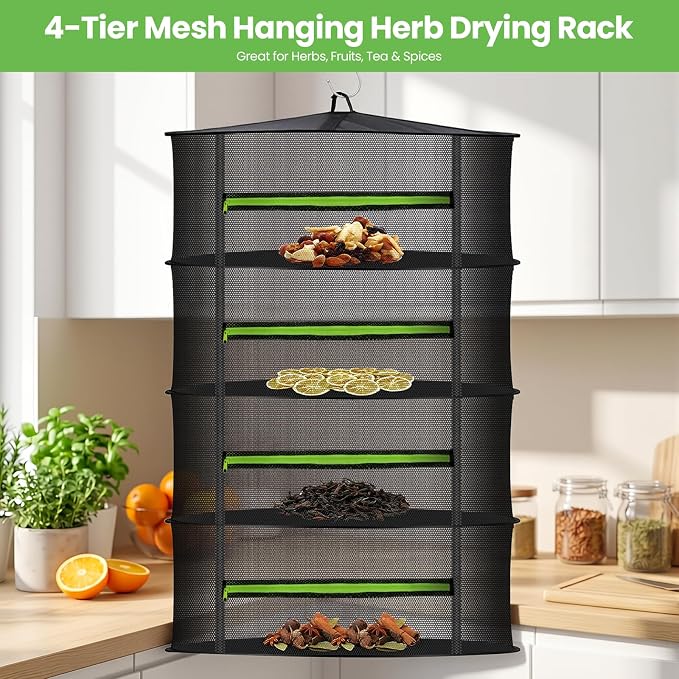 MEKOLIFE 4-Tier Herb Drying Rack Hanging Mesh | 23.62" mesh dryer with zipper, hooks and pruning shears, for indoor and outdoor herbs, seafood, flowers and plants