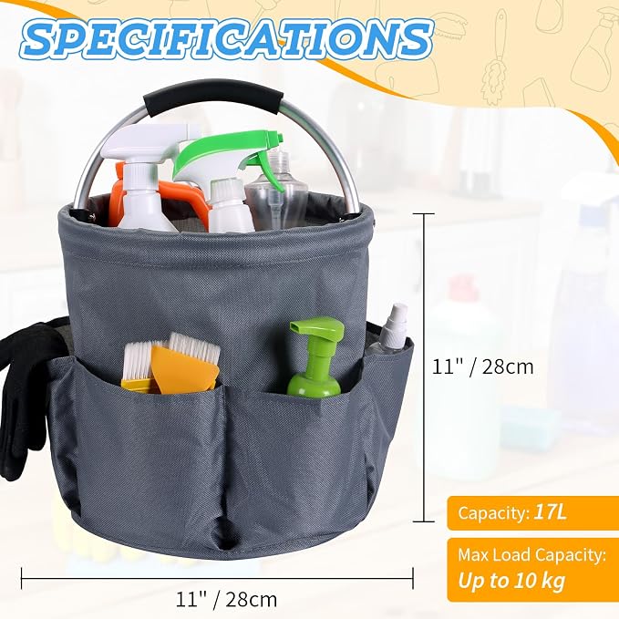 17L Cleaning Caddy with Handle & 6 Pockets, Foldable Cleaning Supply Organizer, Portable Shower Caddy, 600D Oxford Fabric Storage Basket for Home, Camping, Gardening, Bathroom, Cleaning Supply