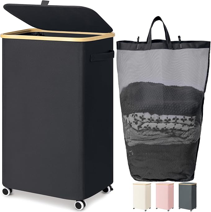 Goodpick 100L Large Rolling Laundry Basket with Wheels and Lid, Black | 17.3" × 13" × 29.5" Collapsible Laundry Hamper for Clothes & Blankets Storage, Removable Wash Bag, Bathroom Organization