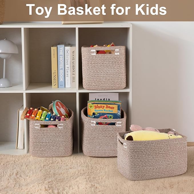 OIASKET Storage Baskets for Organizing, Woven Decorative Baskets for Shelves - Books, Towels, and Clothes, Cotton Rope Toy Storage Bins, 12.7''Lx9''Wx7.8''H, Pack of 4, Linen Brown