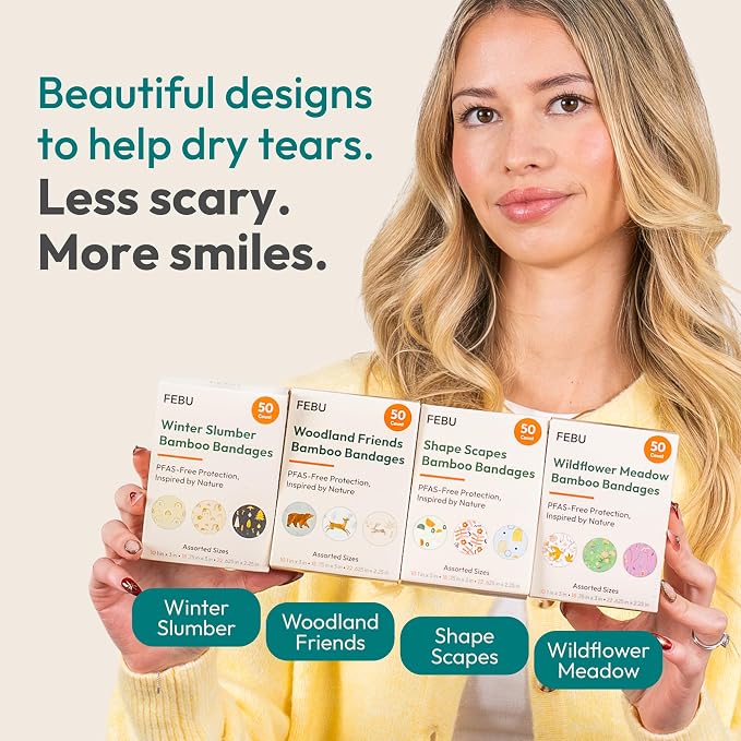 FEBU Shape Scapes Print Bamboo Fabric Bandages, 50 Count Strips | PFAS Free, Flexible Fabric, Natural Hypoallergenic for Scraps, Cuts and First Aid, Compostable, Latex Free