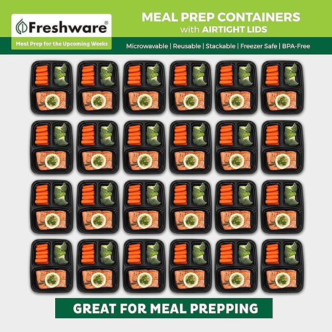 Freshware Meal Prep Containers 50 Count, 3 Compartment Food Storage Containers with Lids, Bento Box, BPA Free, Stackable, Microwave/Dishwasher/Freezer Safe (24 oz) (Pack of 6)